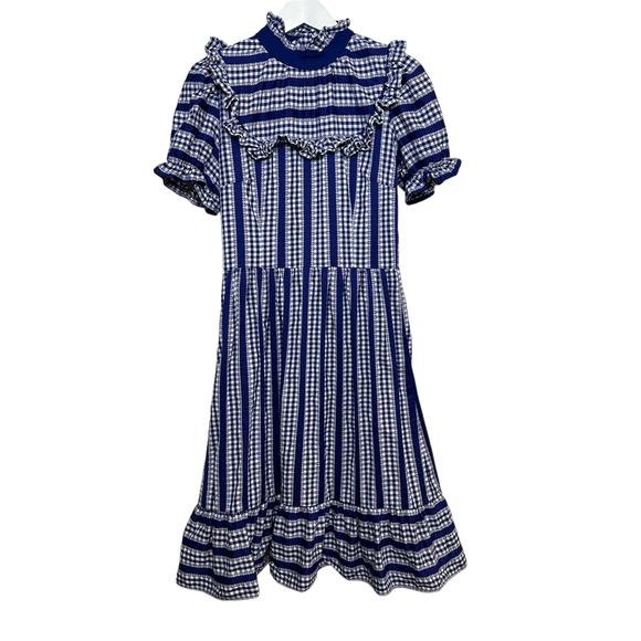 Vintage 70s Handmade Floral Midi Dress High Neck Short Sleeves Blue White Ruffle - Picture 1 of 10
